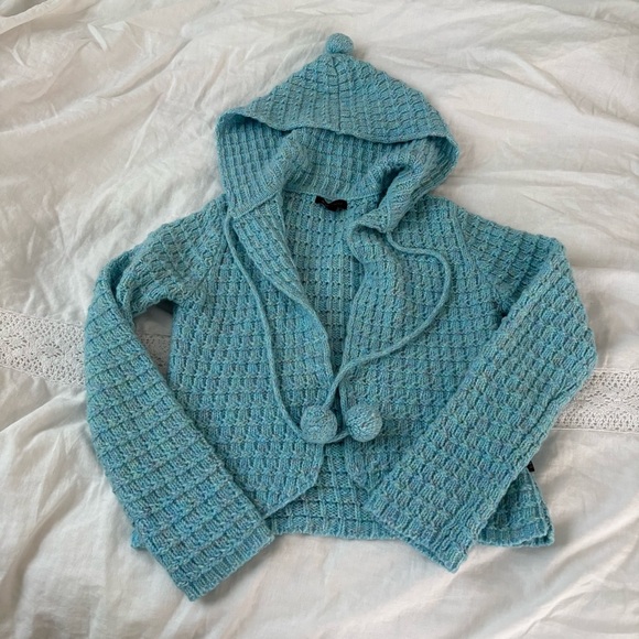 BCBGMaxAzria Sweaters - BCBGMaxAzria MEDIUM hooded Cardigan Sweater baby Blue pom pom wool blend